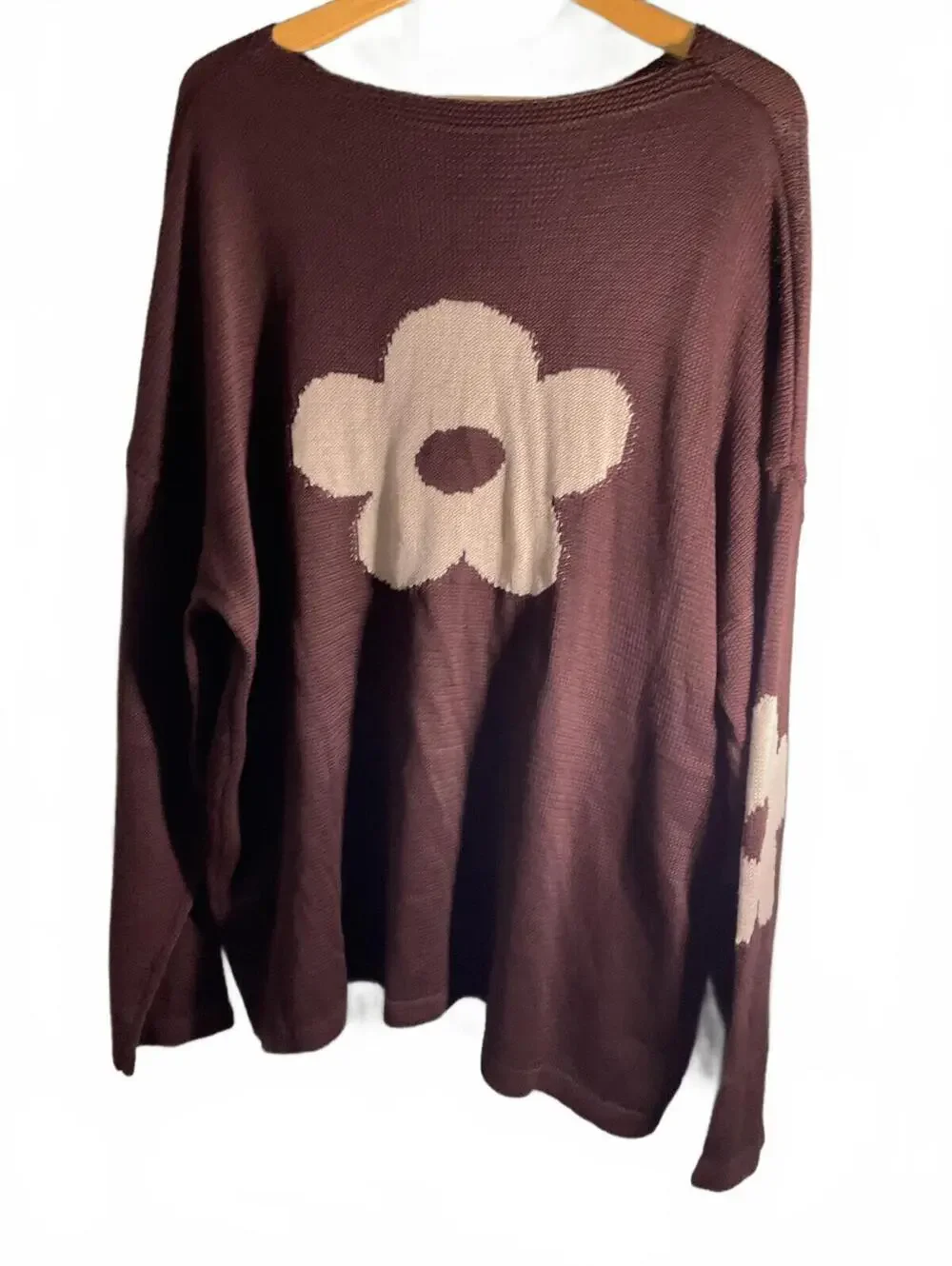 Lightweight Brown Open Knit Sweater with Tan Flower Design 3X Oversized